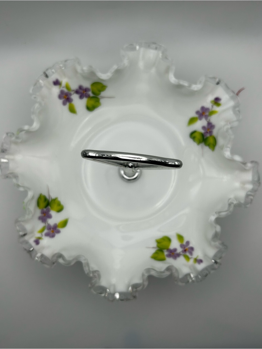 Fenton painted  by P. Brilliant Serving Dish with Purple flowers. No chips